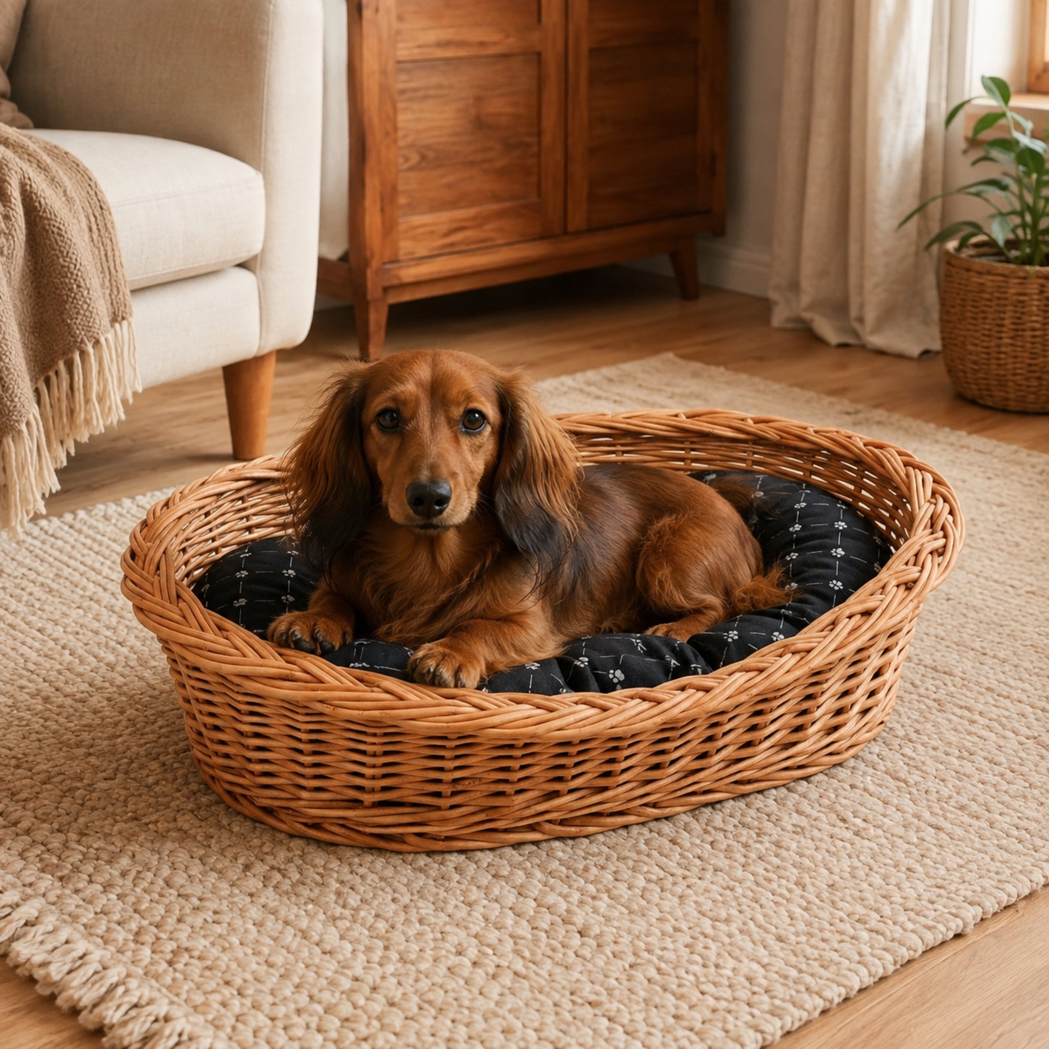 Enovia Hundebett aus Naturweide mit schwarzem Kissen – 70 × 54 cm – Elegante Wohnszene mit Haustier