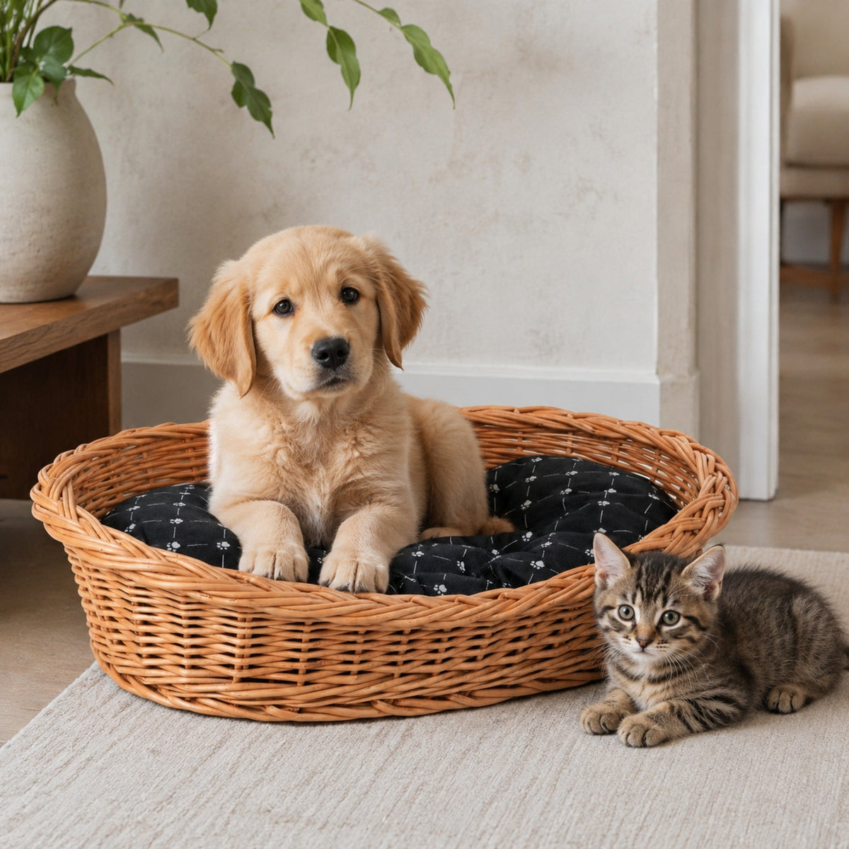 Enovia Hundebett aus Naturweide mit schwarzem Kissen – 70 × 54 cm – Stilvolle Wohnatmosphäre mit zwei Haustieren