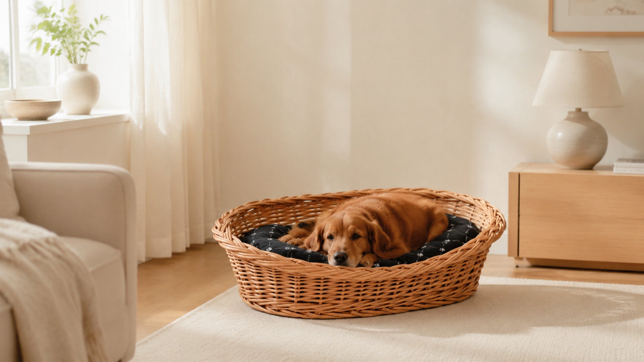 Enovia Hundebett aus Naturweide mit schwarzem Kissen – 70 × 54 cm – Breite Premium-Wohnszene im Format 16:9