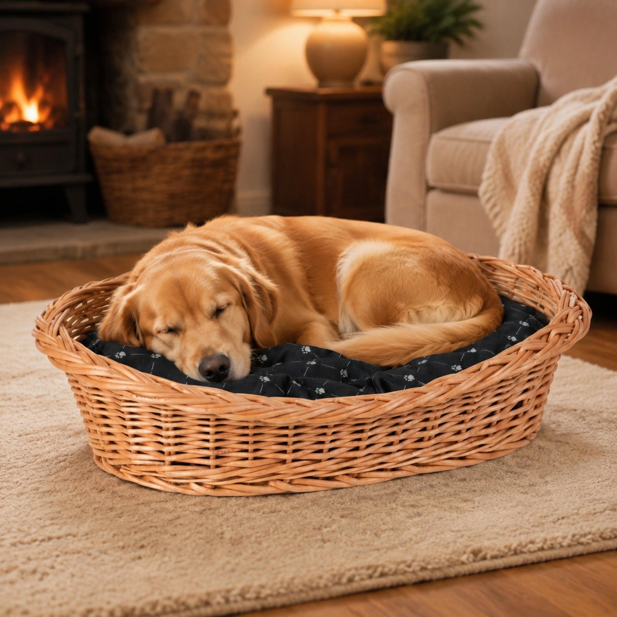 Enovia Hundebett aus Naturweide mit schwarzem Kissen – 75 × 57 cm – Elegante Wohnszene mit Haustier