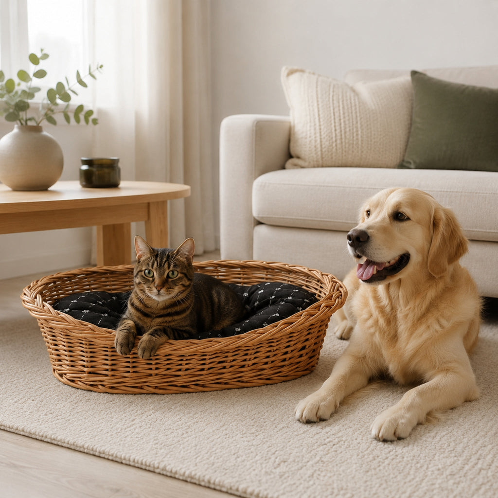 Enovia Hundebett aus Naturweide mit schwarzem Kissen – 75 × 57 cm – Stilvolle Wohnatmosphäre mit zwei Haustieren