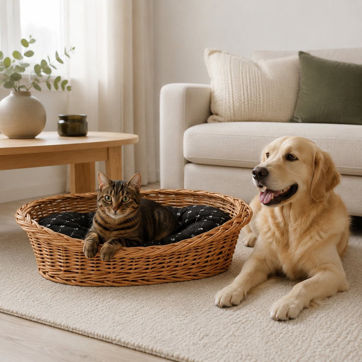 Enovia Hundebett aus Naturweide mit schwarzem Kissen – 75 × 57 cm – Stilvolle Wohnatmosphäre mit zwei Haustieren