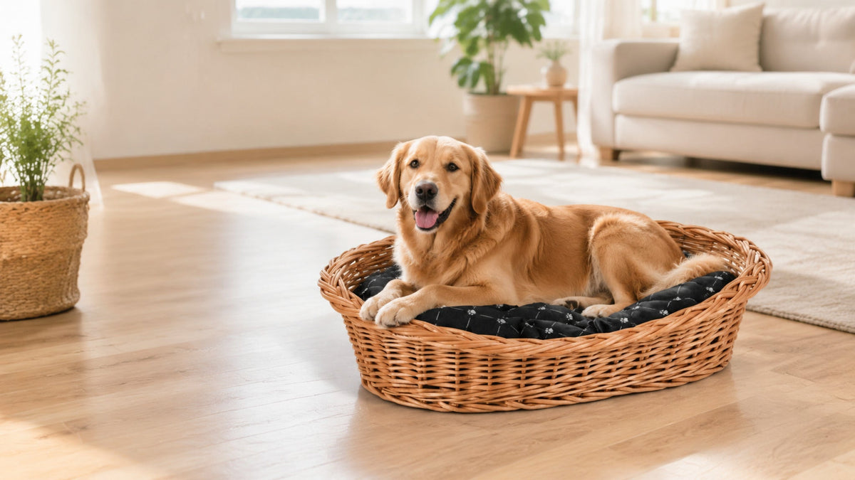 Enovia Hundebett aus Naturweide mit schwarzem Kissen – 75 × 57 cm – Breite Premium-Wohnszene im Format 16:9