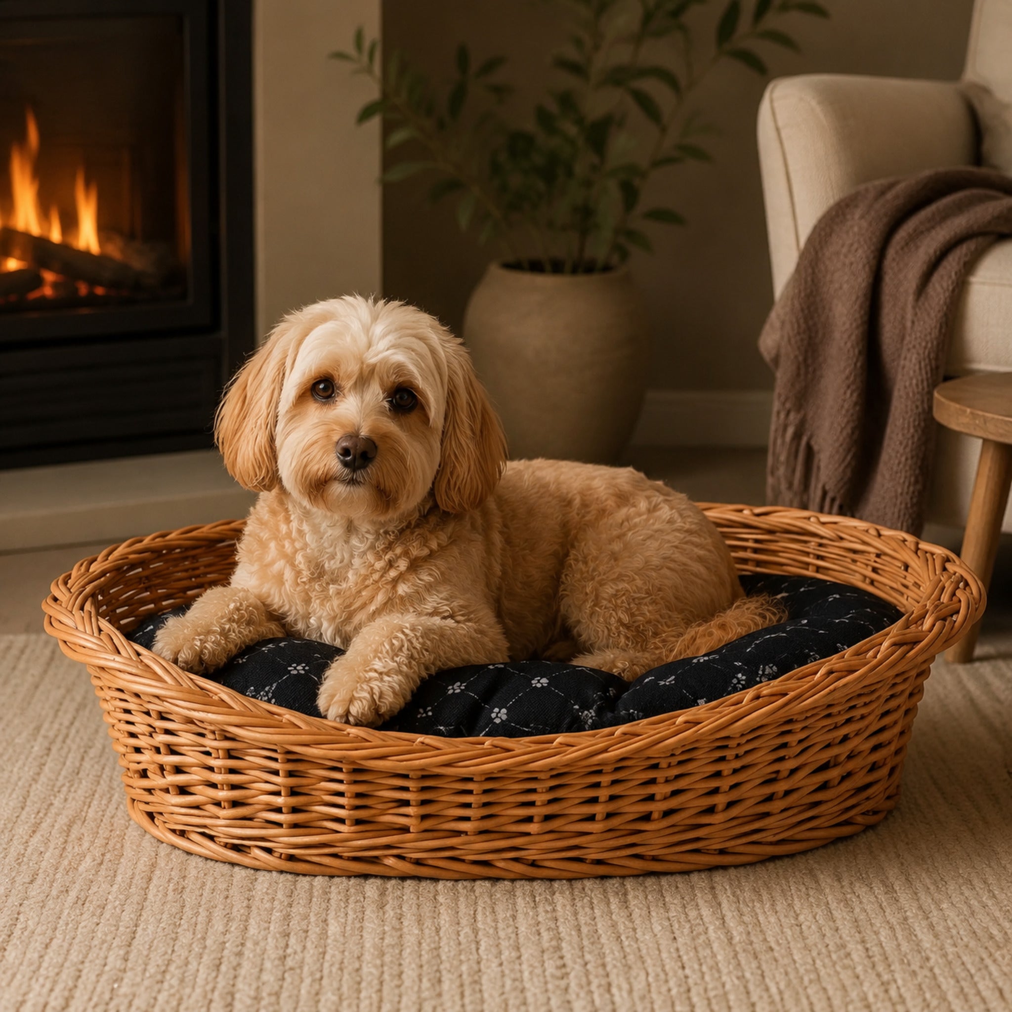 Enovia Hundebett aus Naturweide mit schwarzem Kissen – 80 × 60 cm – Elegante Wohnszene mit Haustier