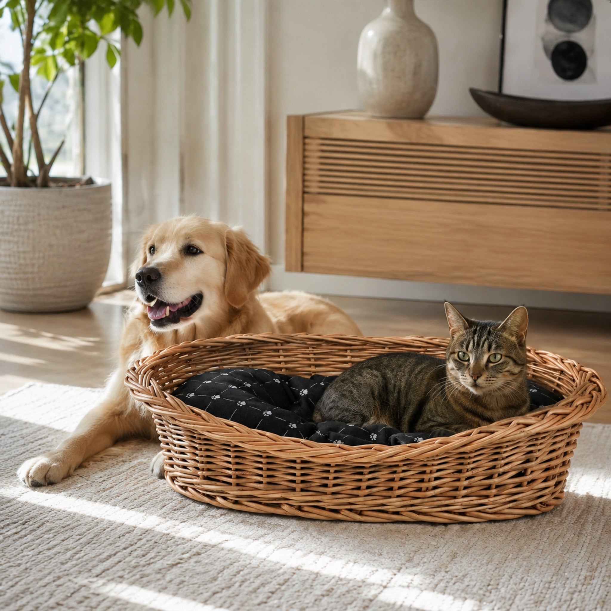Enovia Hundebett aus Naturweide mit schwarzem Kissen – 80 × 60 cm – Stilvolle Wohnatmosphäre mit zwei Haustieren