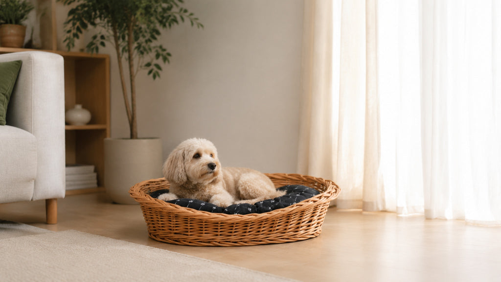 Enovia Hundebett aus Naturweide mit schwarzem Kissen – 80 × 60 cm – Breite Premium-Wohnszene im Format 16:9