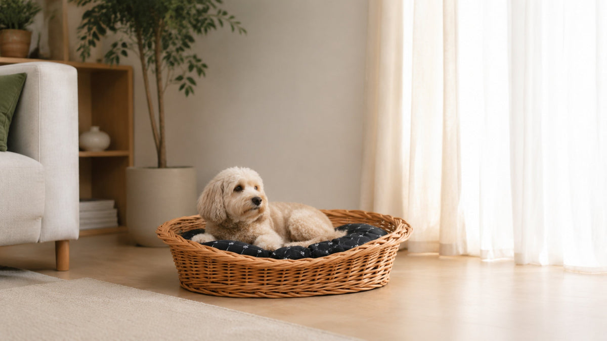 Enovia Hundebett aus Naturweide mit schwarzem Kissen – 80 × 60 cm – Breite Premium-Wohnszene im Format 16:9