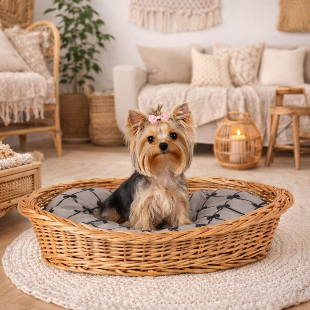 Enovia Natural Wicker Dog Bed With Grey Cushion, 60x43 cm