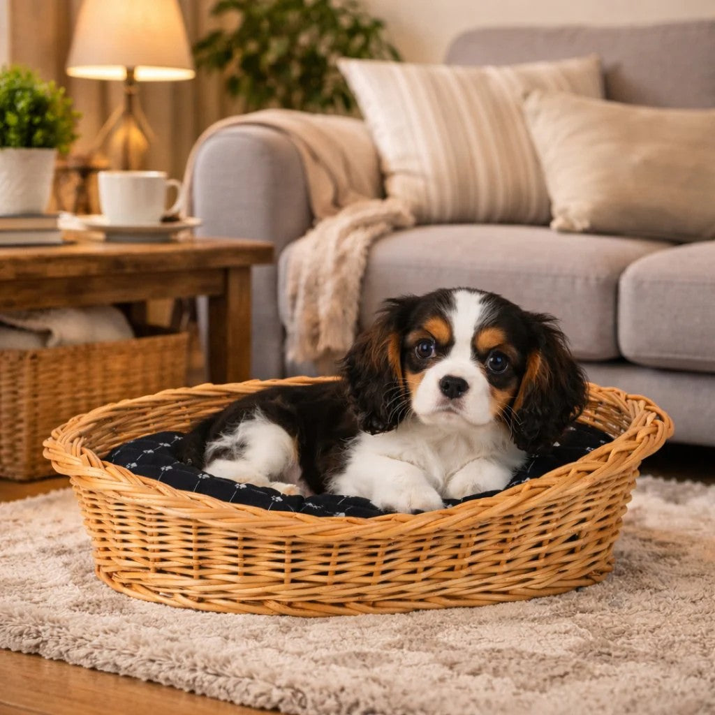 Enovia Natural Wicker Dog Bed With Black Cushion, 60x43 cm