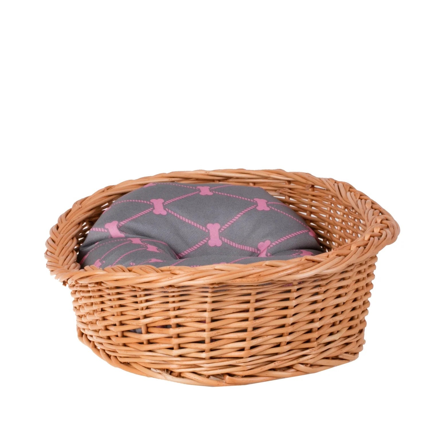 Enovia Natural Wicker Dog Bed With Grey And Pink Cushion, 80x60 cm