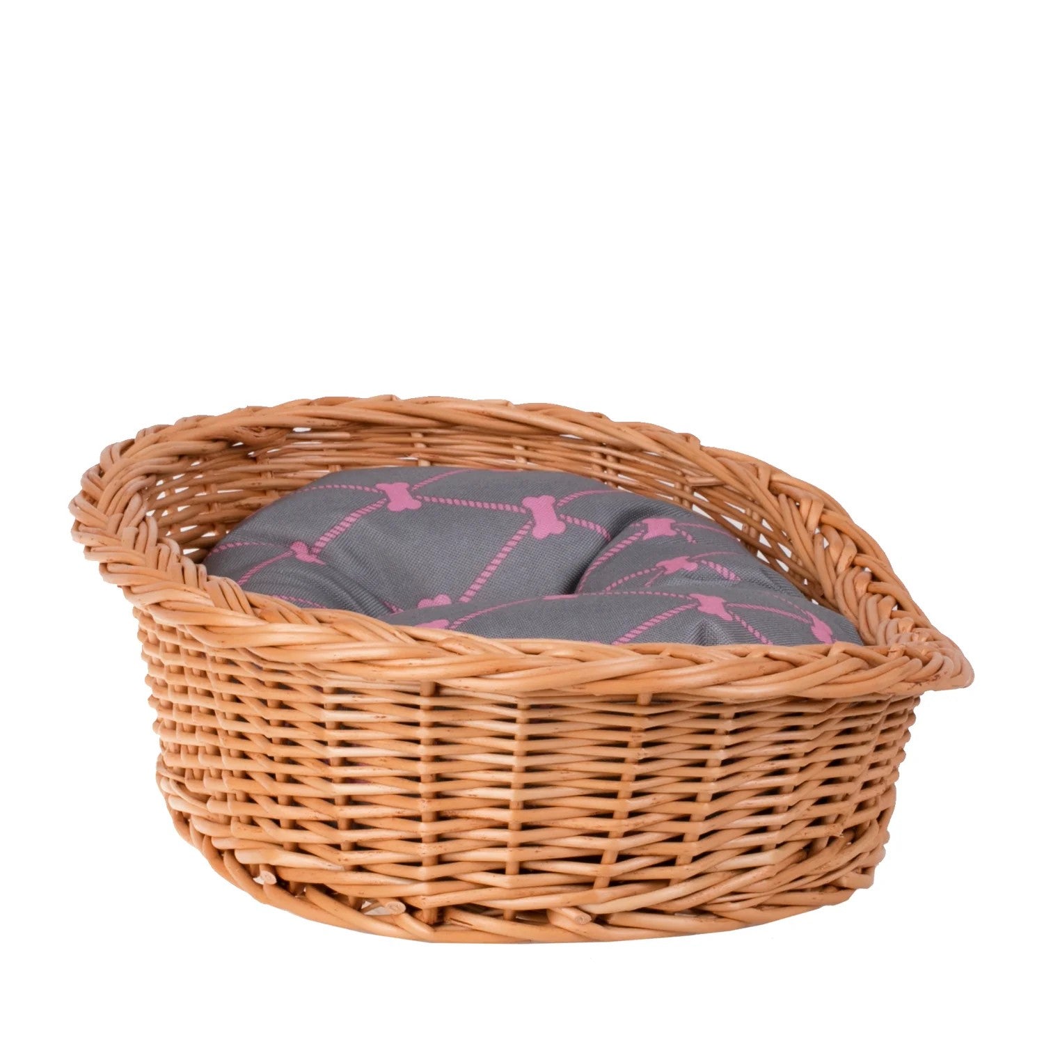 Enovia Natural Wicker Dog Bed With Grey And Pink Cushion, 60x43 cm