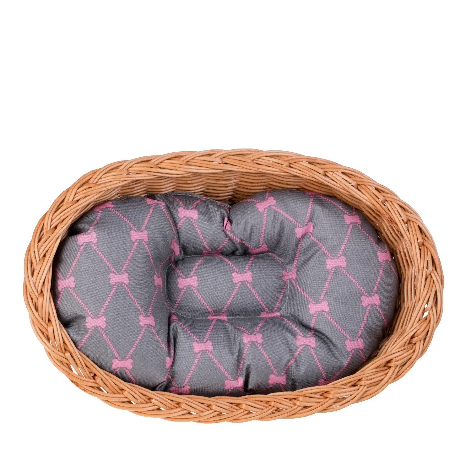 Enovia Natural Wicker Dog Bed With Grey And Pink Cushion, 80x60 cm