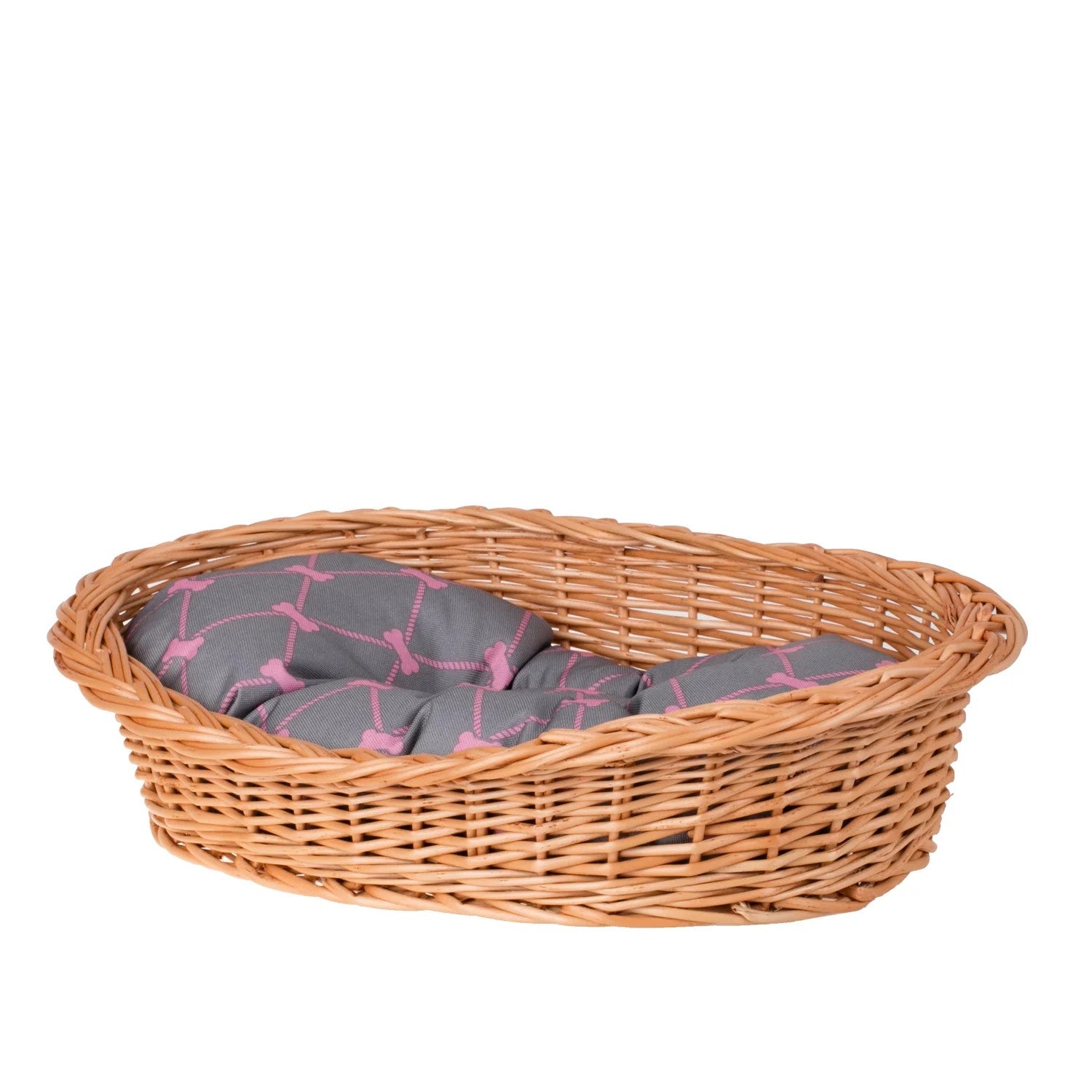 Enovia Natural Wicker Dog Bed With Grey And Pink Cushion, 80x60 cm