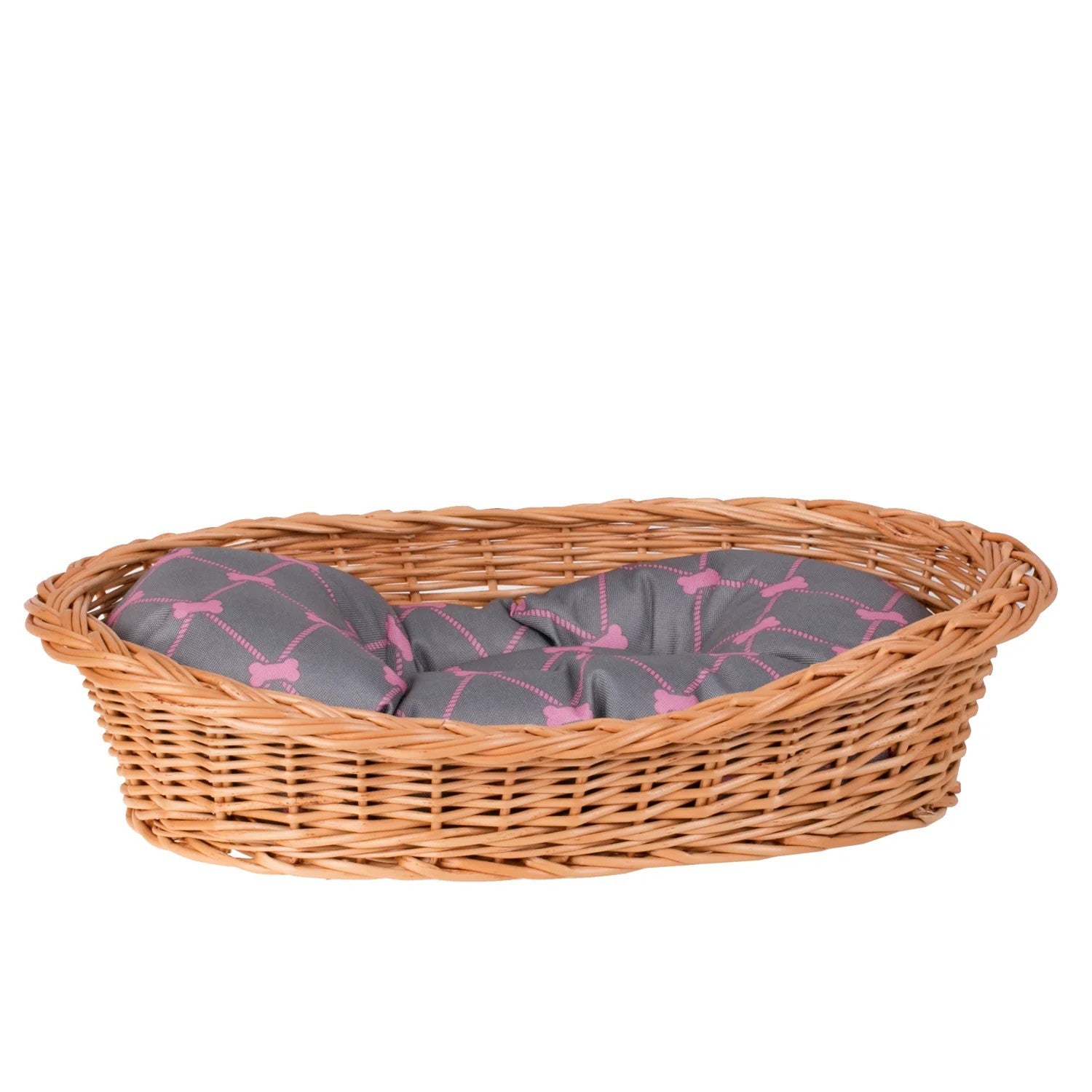 Enovia Natural Wicker Dog Bed With Grey And Pink Cushion, 80x60 cm