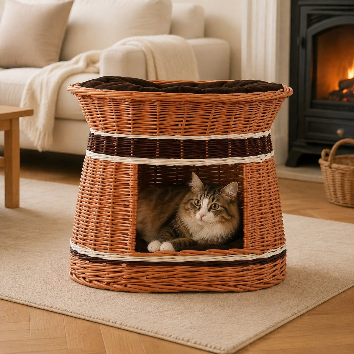 Erif Katzenhaus aus Weide mit braunen Kissen – Elegante Wohnszene mit Haustier