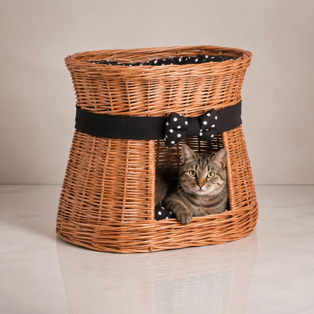 Erif Katzenhaus aus Weide mit schwarzen Kissen – Premium Studioaufnahme auf reflektierendem Boden