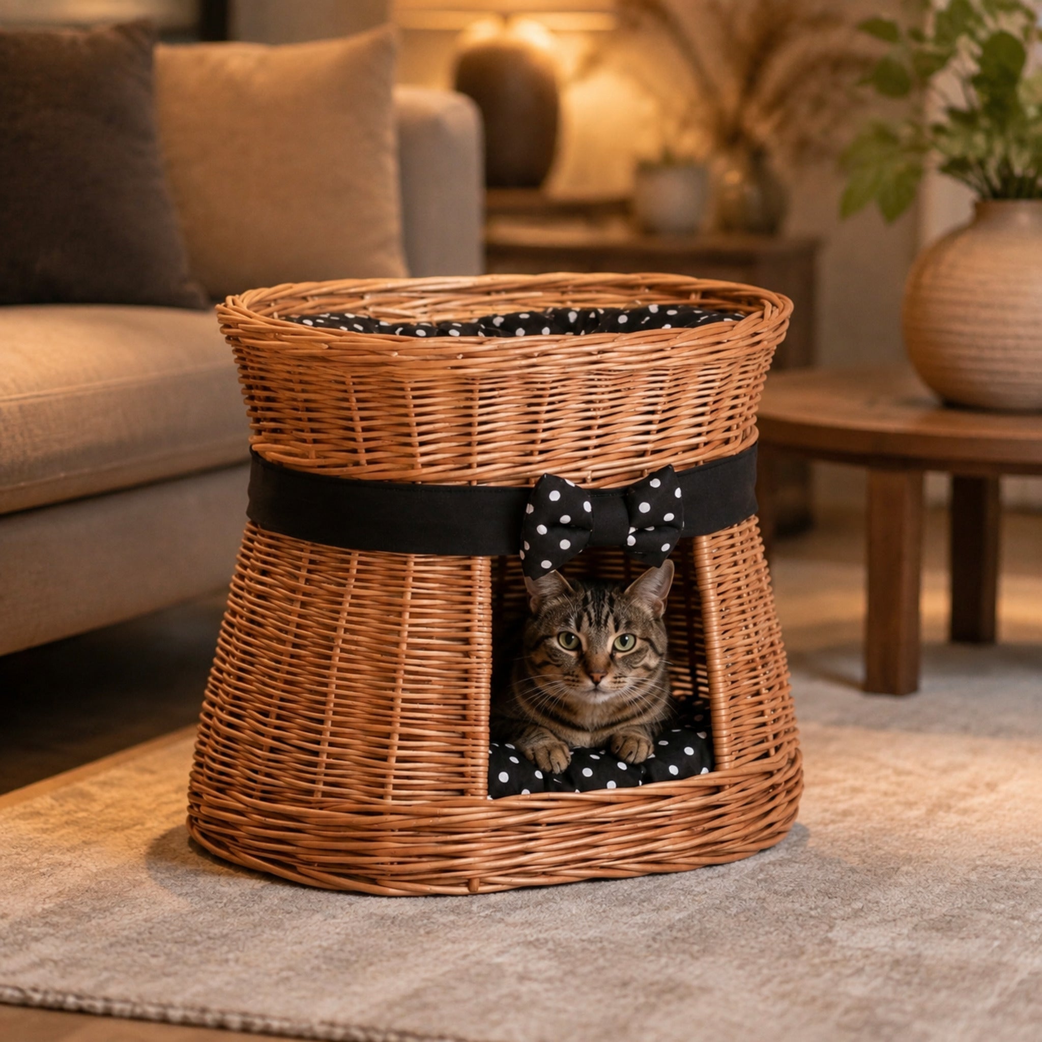 Erif Katzenhaus aus Weide mit schwarzen Kissen – Elegante Wohnszene mit Haustier
