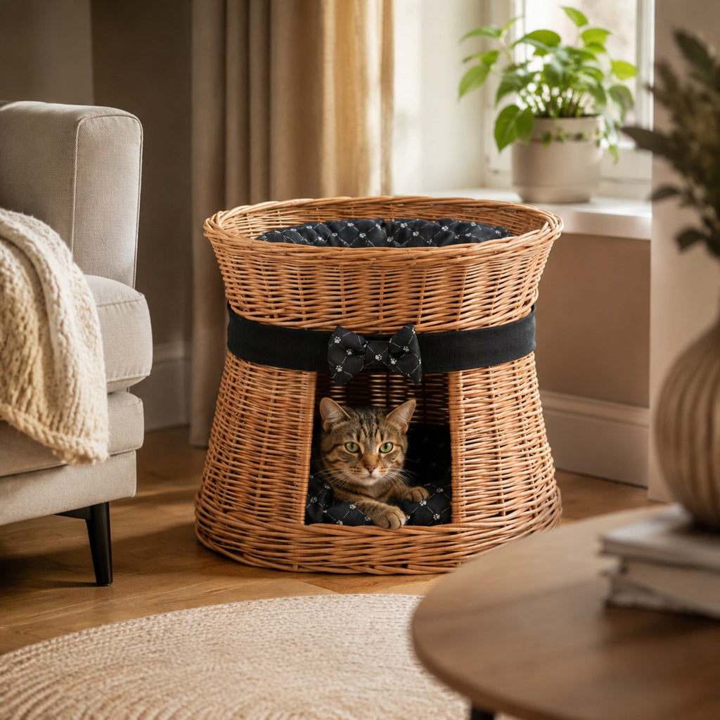 Erif Katzenhaus aus Weide mit schwarzen Kissen – Modell 2 – Elegante Wohnszene mit Haustier