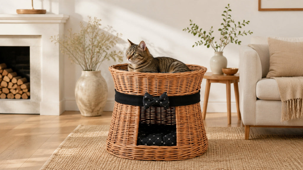 Erif Katzenhaus aus Weide mit schwarzen Kissen – Modell 2 – Breite Premium-Wohnszene im Format 16:9