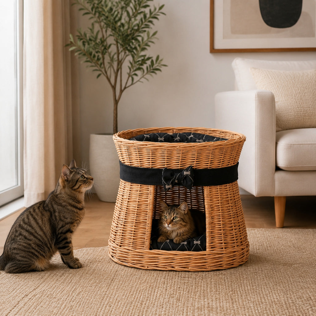 Erif Katzenhaus aus Weide mit schwarzen Kissen – Modell 3 – Stilvolle Wohnatmosphäre mit zwei Haustieren