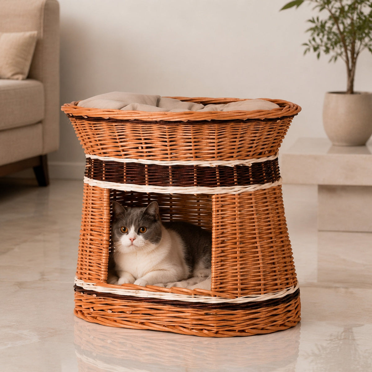 Erif Tierhaus aus Naturweide für Katze & kleinen Hund – Premium Studioaufnahme auf reflektierendem Boden