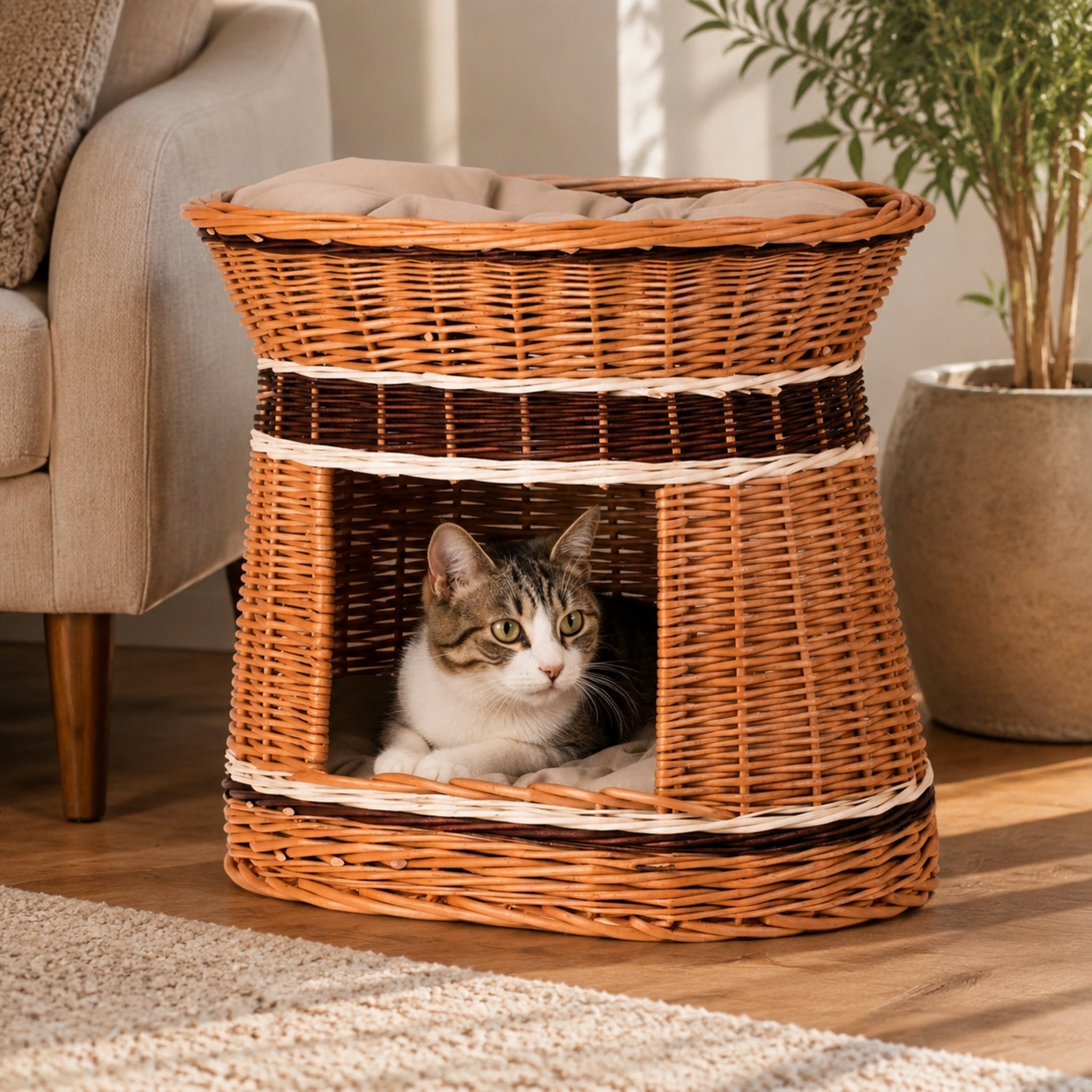 Erif Tierhaus aus Naturweide für Katze & kleinen Hund – Elegante Wohnszene mit Haustier