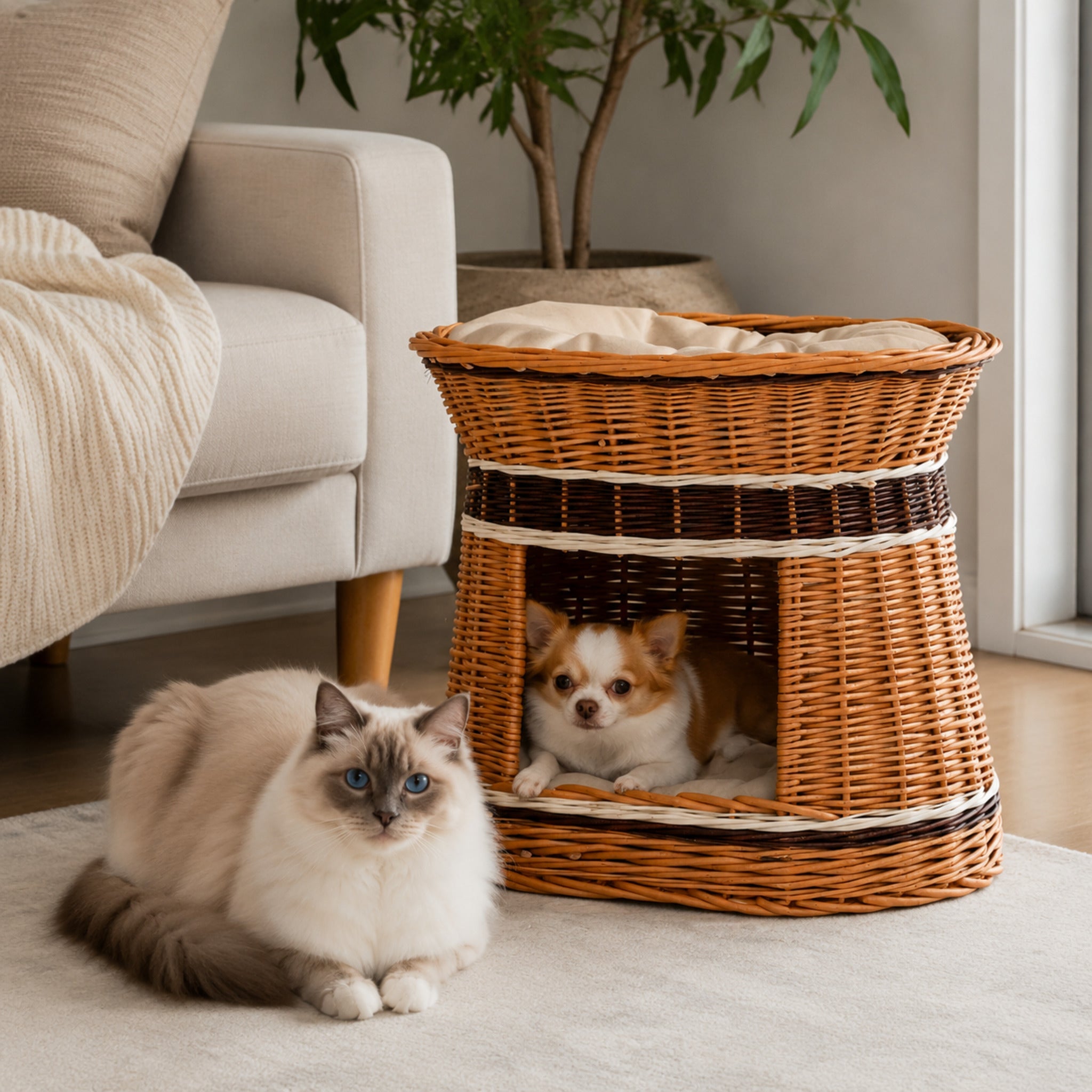 Erif Tierhaus aus Naturweide für Katze & kleinen Hund – Stilvolle Wohnatmosphäre mit zwei Haustieren