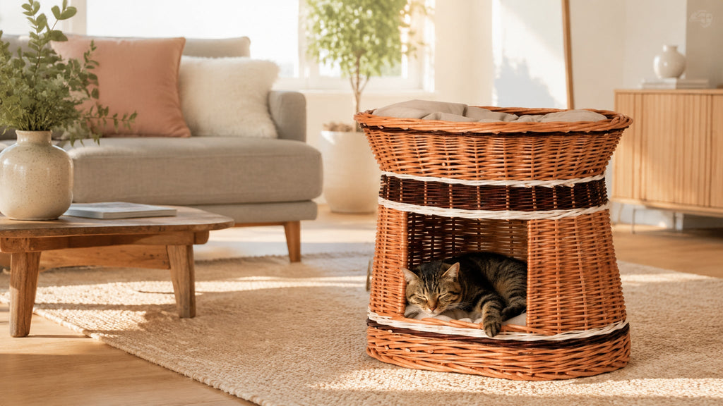 Erif Tierhaus aus Naturweide für Katze & kleinen Hund – Breite Premium-Wohnszene im Format 16:9