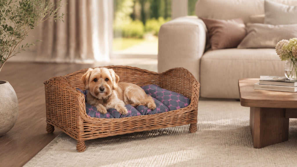 Erivia Haustierbett aus Naturweide mit grau-rosa Kissen – 74 × 52 cm – Breite Premium-Wohnszene im Format 16:9