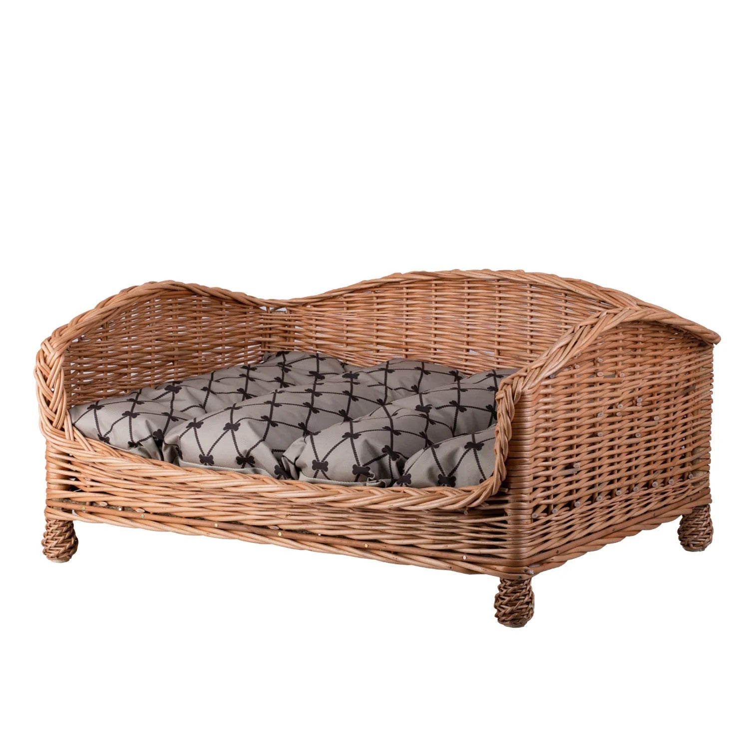 Erivia Wicker Pet Basket With Gray And Black Cushion, 74x52 cm