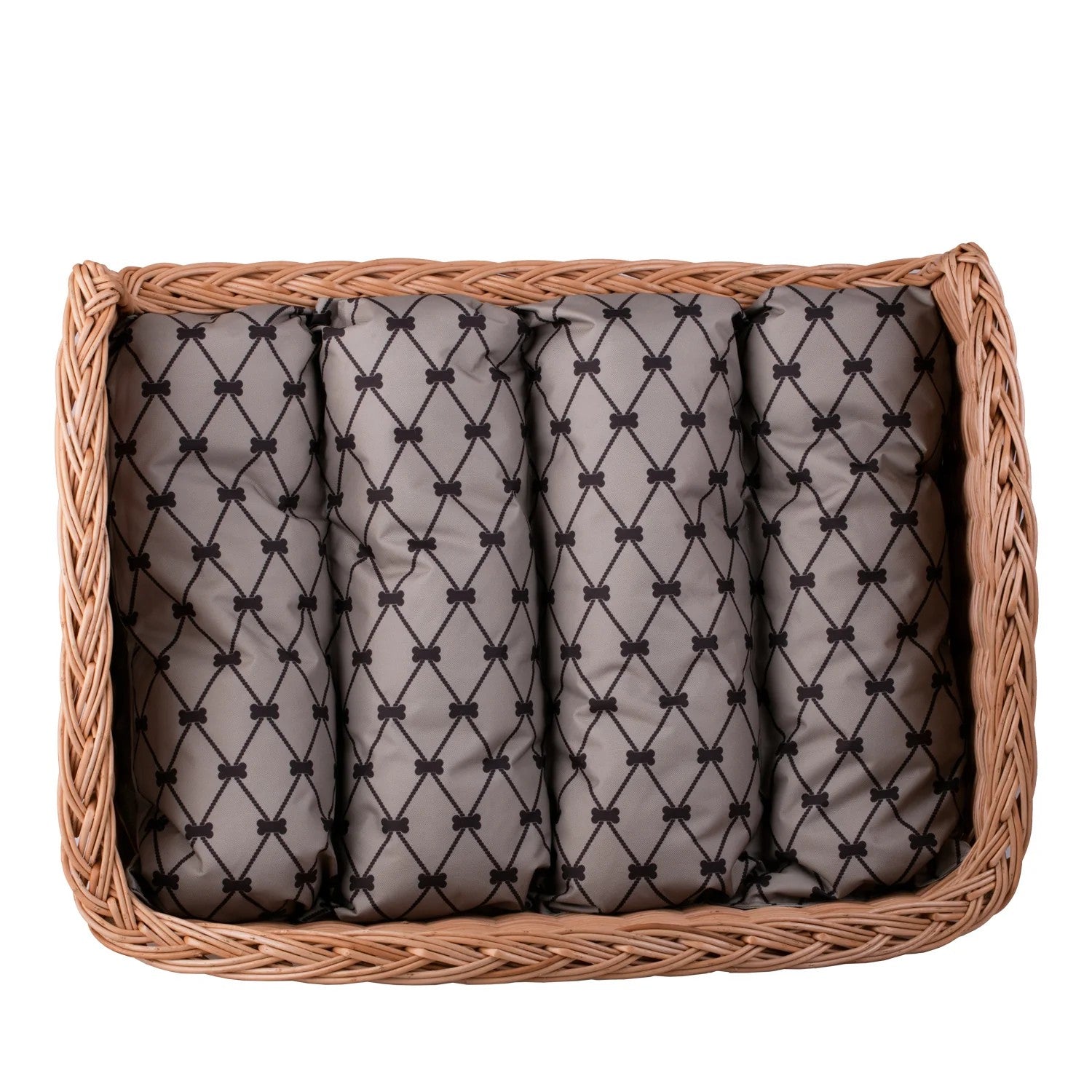 Erivia Wicker Pet Basket With Gray And Black Cushion, 74x52 cm