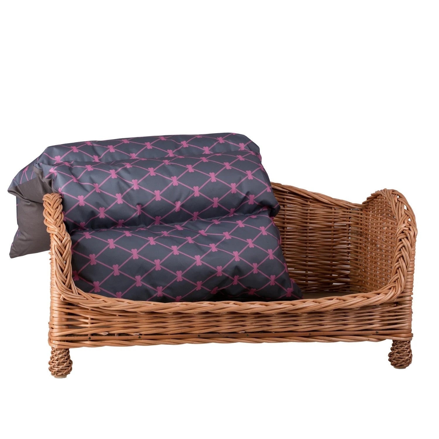 Erivia Wicker Pet Basket With Gray And Pink Cushion, 74x52 cm