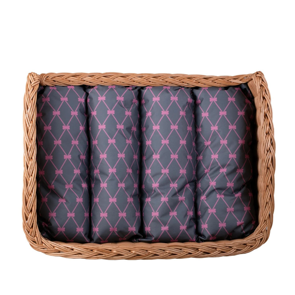 Erivia Wicker Pet Basket With Gray And Pink Cushion, 74x52 cm