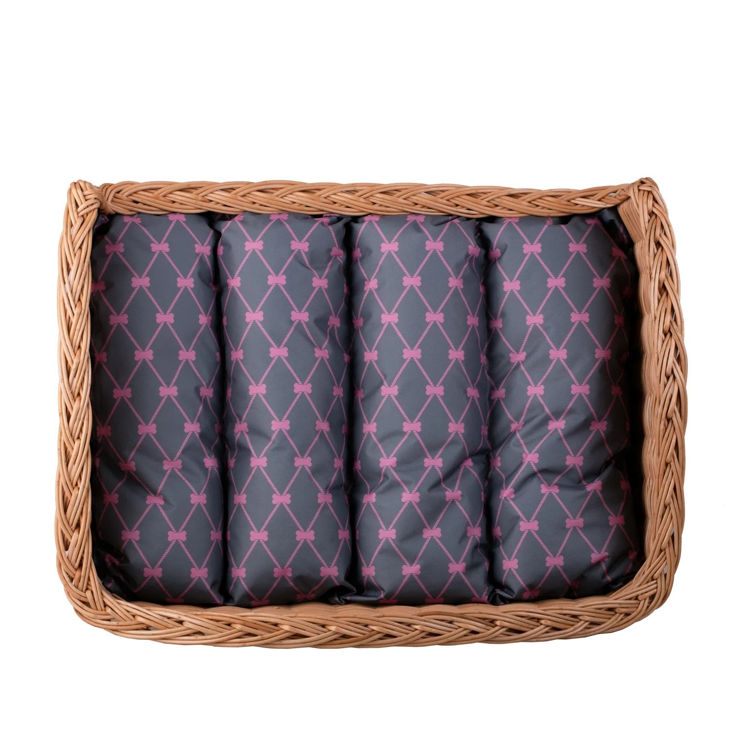 Erivia Wicker Pet Basket With Gray And Pink Cushion, 74x52 cm