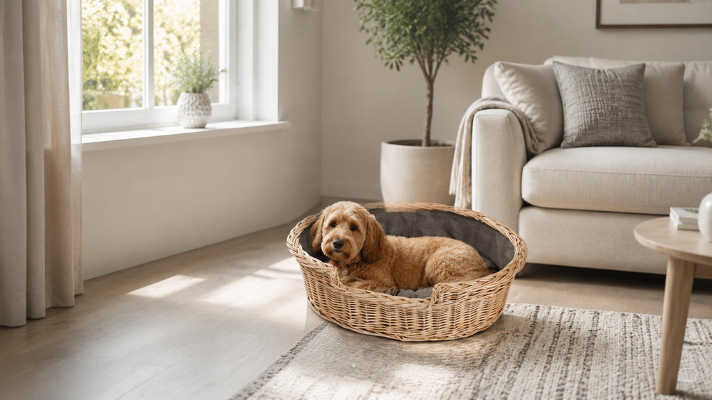 Esmira Haustierbett aus Naturweide mit braun gepunktetem Kissen – 75 × 57 cm – Breite Premium-Wohnszene im Format 16:9