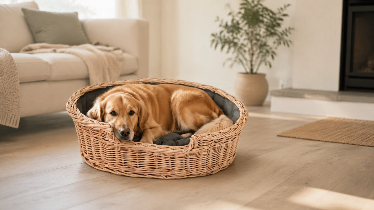 Esmira Haustierbett aus Naturweide mit braun gepunktetem Kissen – 85 × 67 cm – Breite Premium-Wohnszene im Format 16:9