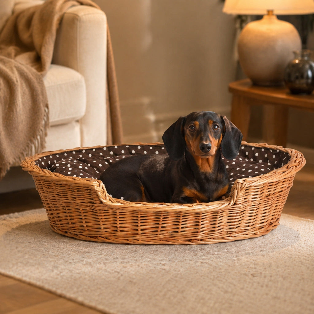 Esmira Hundebett aus Naturweide mit gepunktetem Kissen – 65 × 43 cm – Elegante Wohnszene mit Haustier