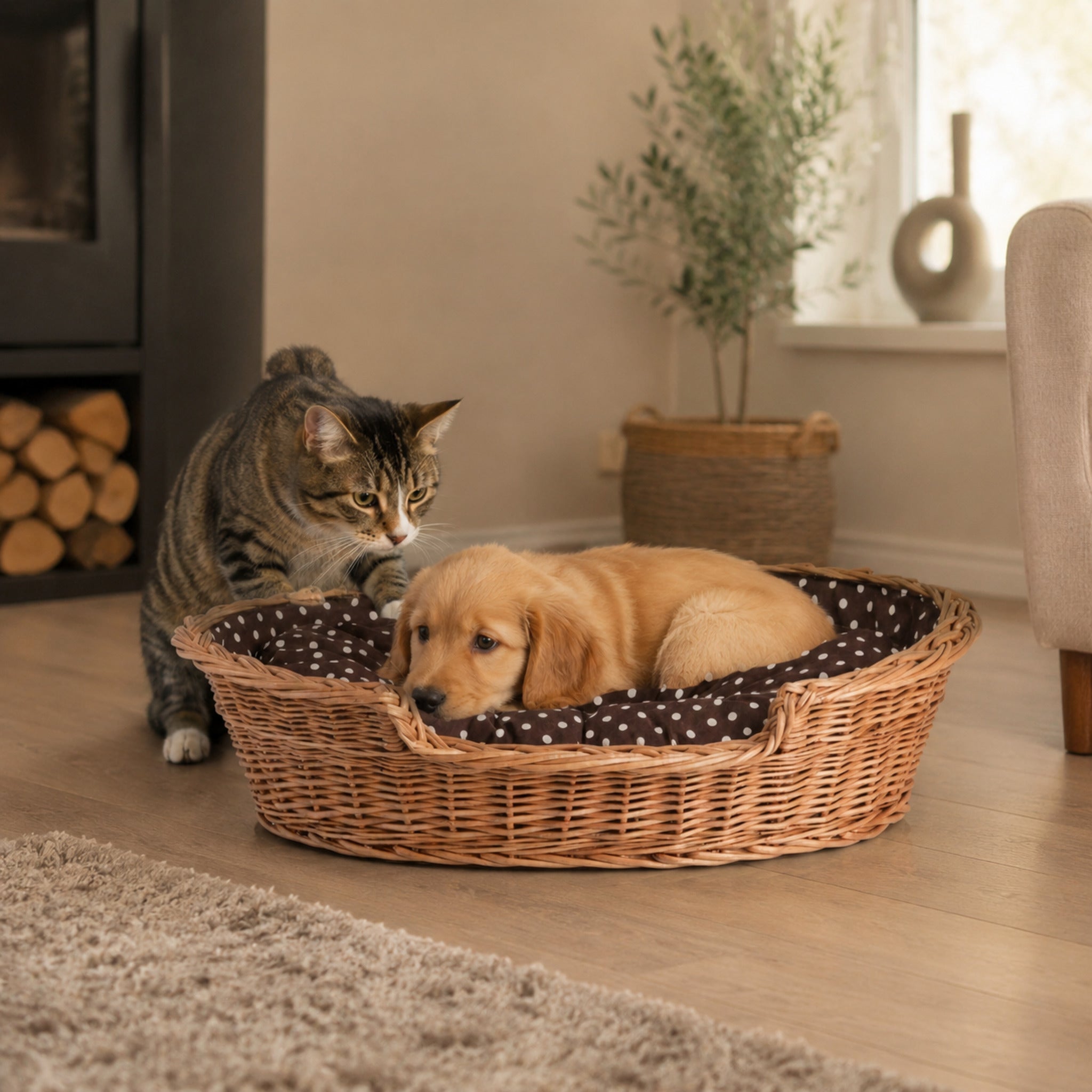 Esmira Hundebett aus Naturweide mit gepunktetem Kissen – 65 × 43 cm – Stilvolle Wohnatmosphäre mit zwei Haustieren