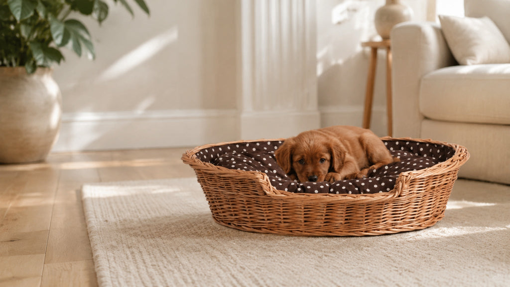 Esmira Hundebett aus Naturweide mit gepunktetem Kissen – 65 × 43 cm – Breite Premium-Wohnszene im Format 16:9