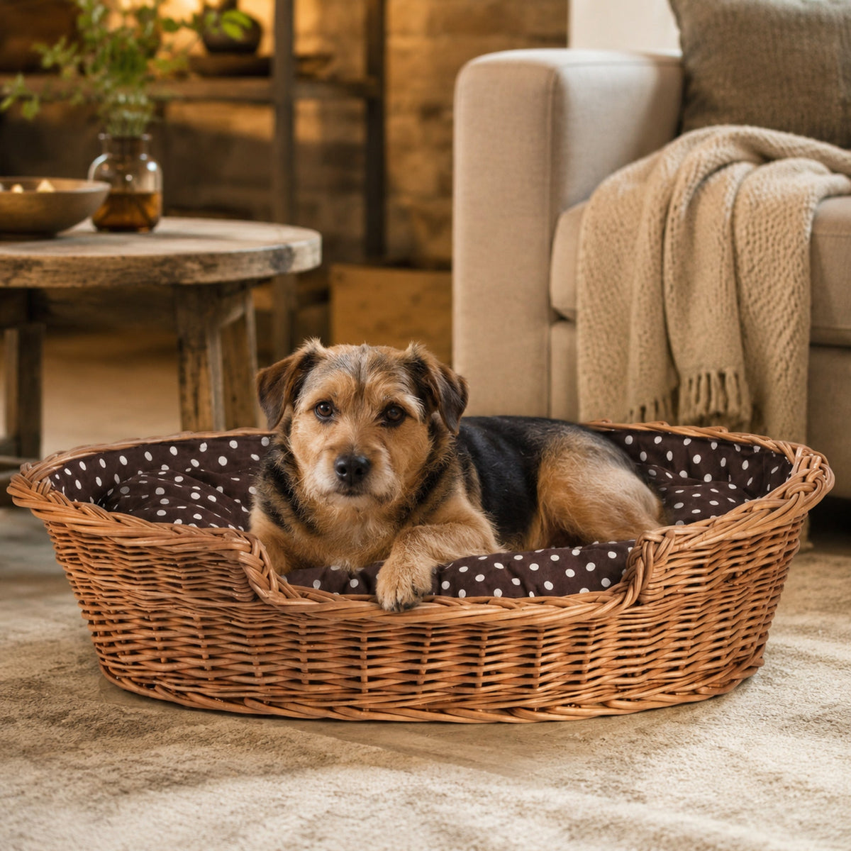 Esmira Hundebett aus Naturweide mit gepunktetem Kissen – 75 × 57 cm – Elegante Wohnszene mit Haustier