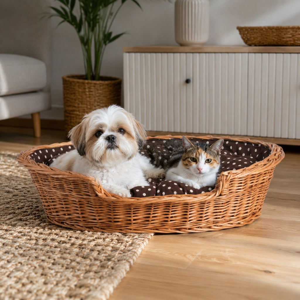 Esmira Hundebett aus Naturweide mit gepunktetem Kissen – 75 × 57 cm – Stilvolle Wohnatmosphäre mit zwei Haustieren