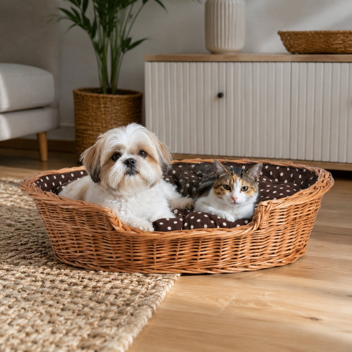 Esmira Hundebett aus Naturweide mit gepunktetem Kissen – 75 × 57 cm – Stilvolle Wohnatmosphäre mit zwei Haustieren