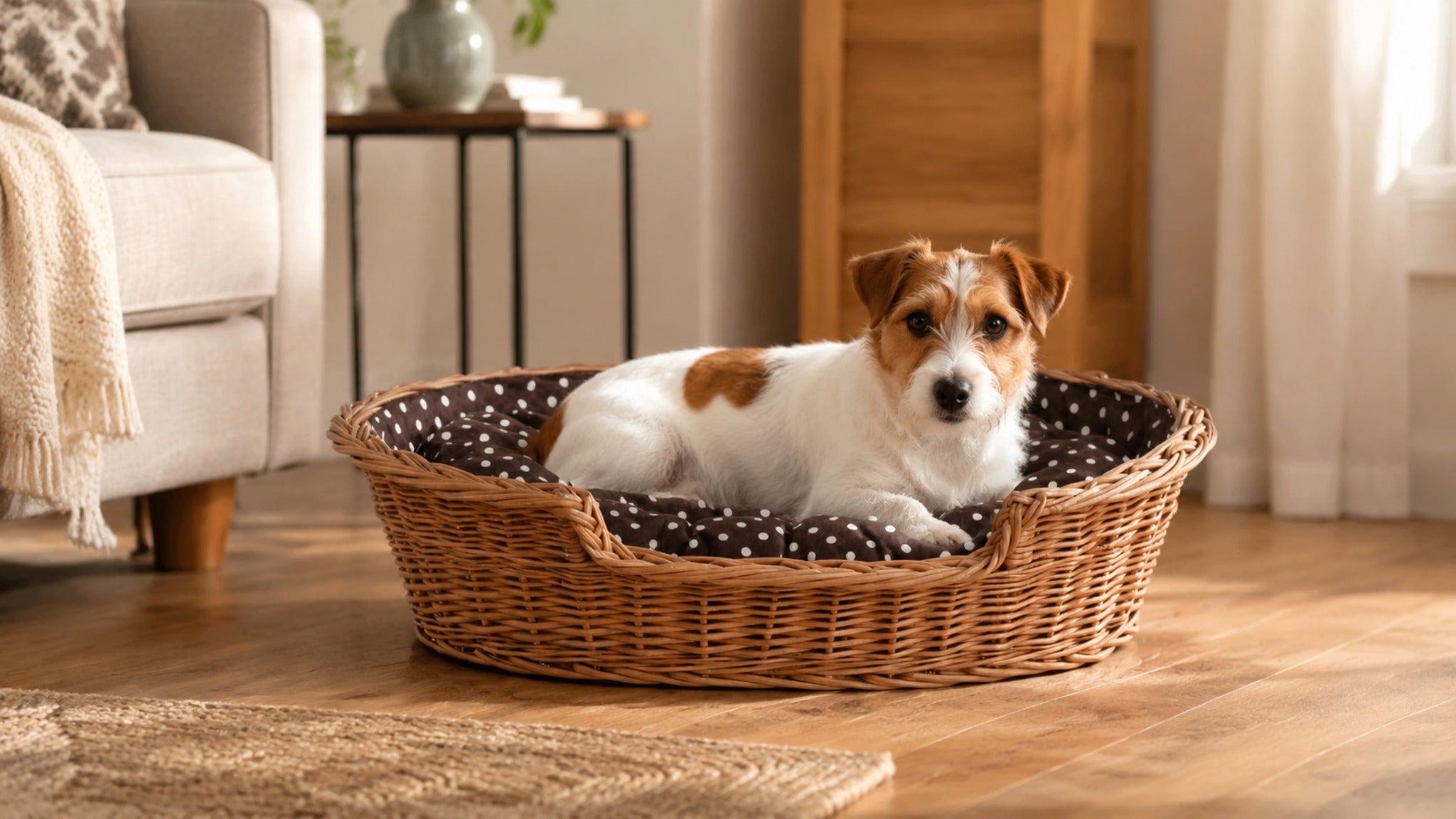 Esmira Hundebett aus Naturweide mit gepunktetem Kissen – 75 × 57 cm – Breite Premium-Wohnszene im Format 16:9