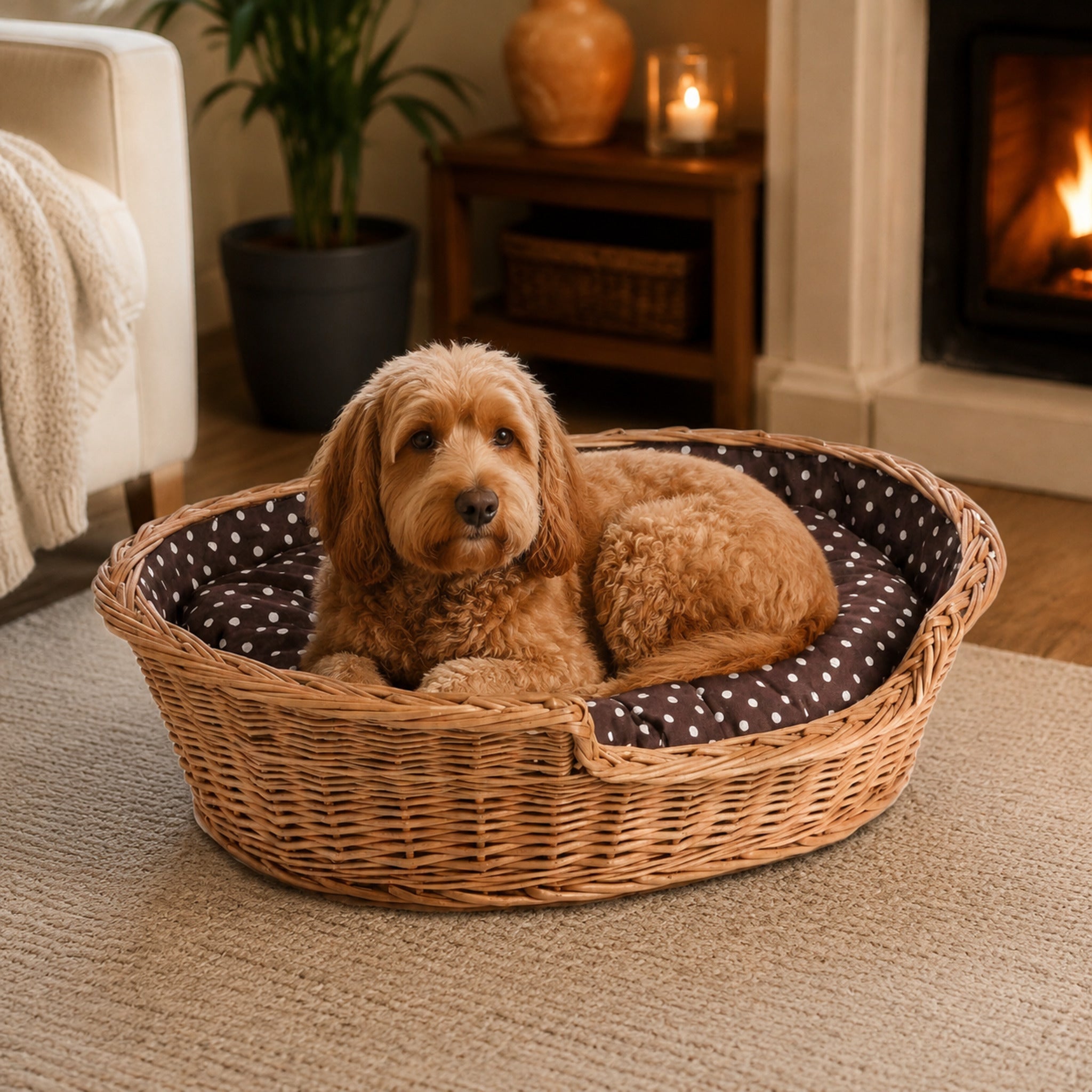 Esmira Hundebett aus Naturweide mit gepunktetem Kissen – 85 × 67 cm – Elegante Wohnszene mit Haustier