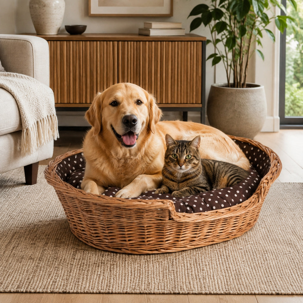 Esmira Hundebett aus Naturweide mit gepunktetem Kissen – 85 × 67 cm – Stilvolle Wohnatmosphäre mit zwei Haustieren