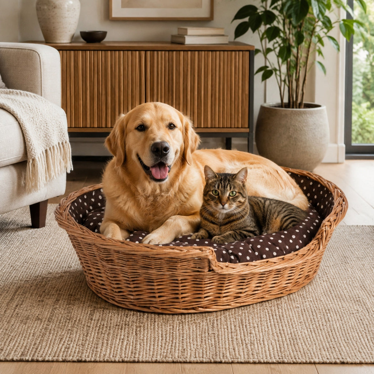 Esmira Hundebett aus Naturweide mit gepunktetem Kissen – 85 × 67 cm – Stilvolle Wohnatmosphäre mit zwei Haustieren