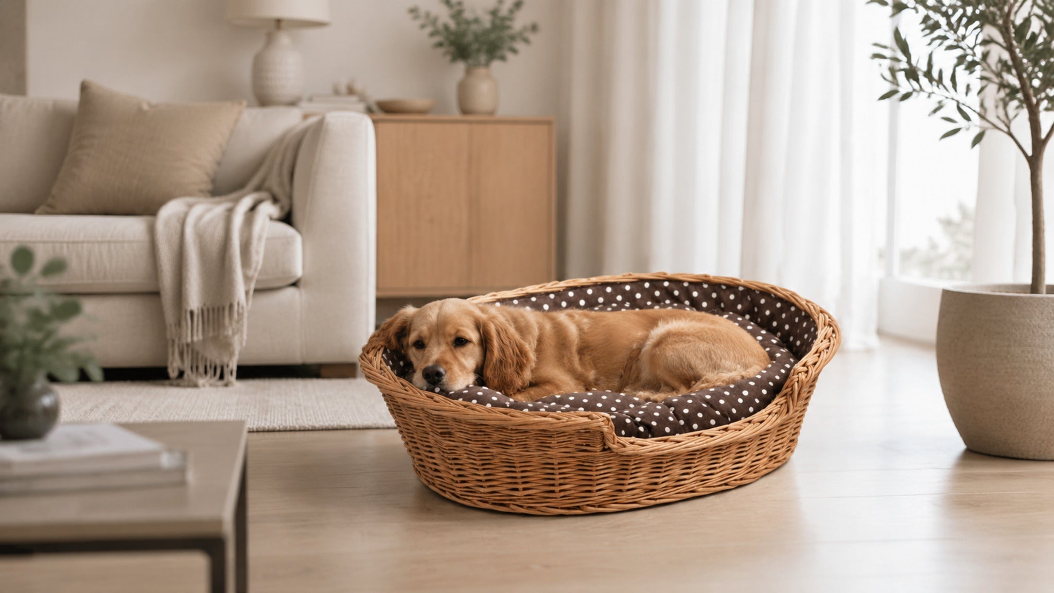 Esmira Hundebett aus Naturweide mit gepunktetem Kissen – 85 × 67 cm – Breite Premium-Wohnszene im Format 16:9