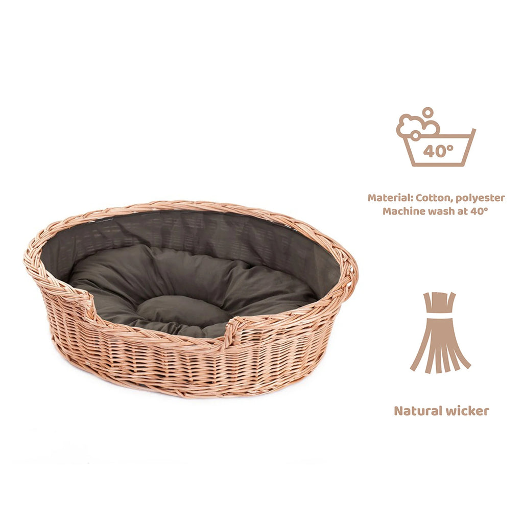 Esmira Natural Wicker Dog Bed With Brown Dot Cushion, 75x57 cm
