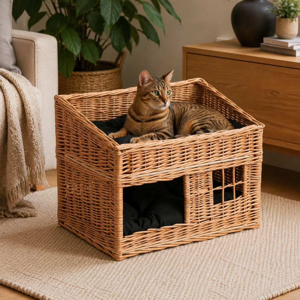 Estrella Katzenhaus aus Weide mit zwei Ebenen – Elegante Wohnszene mit Haustier