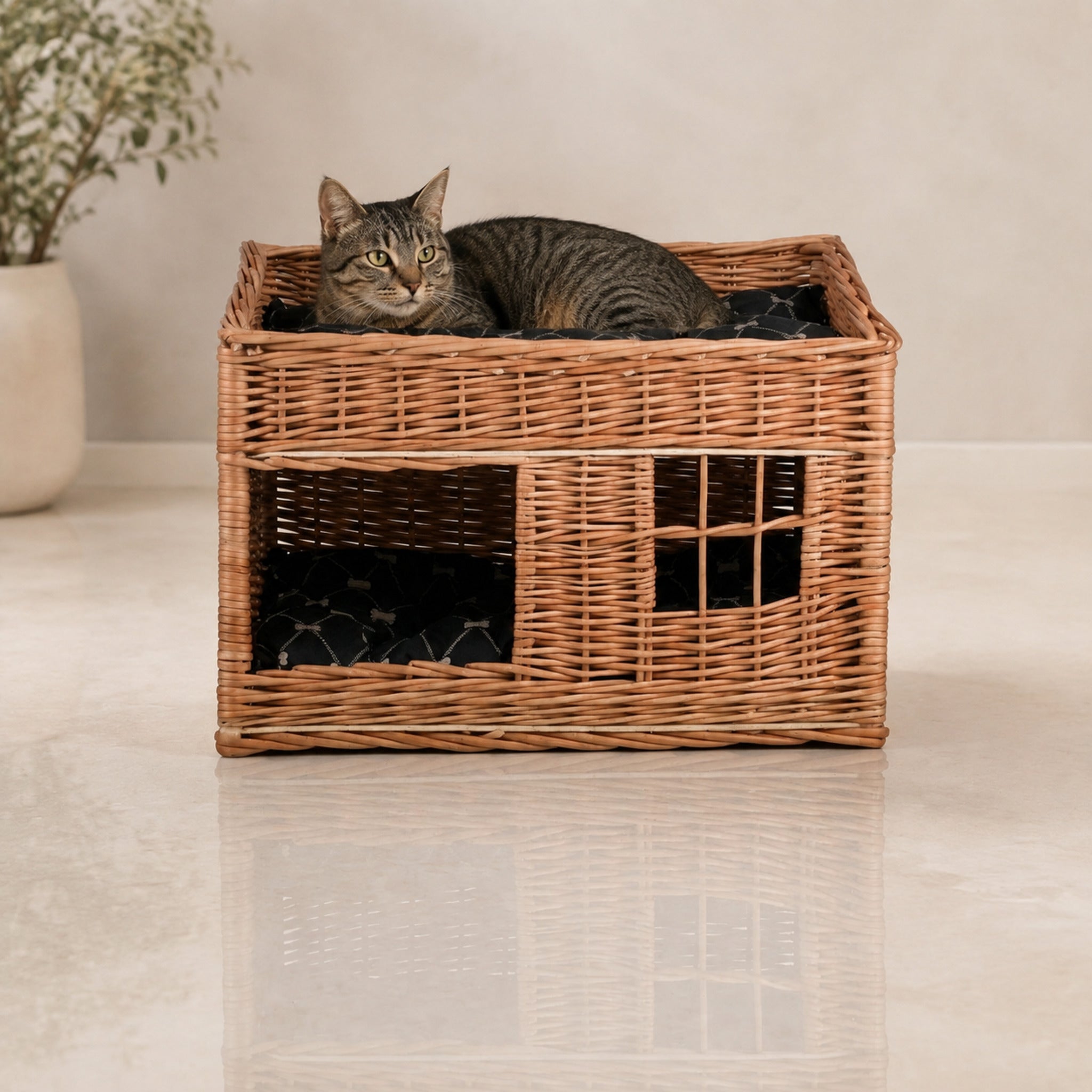 Estrella Katzenhaus aus Weide mit zwei Ebenen – Modell 3 – Premium Studioaufnahme auf reflektierendem Boden
